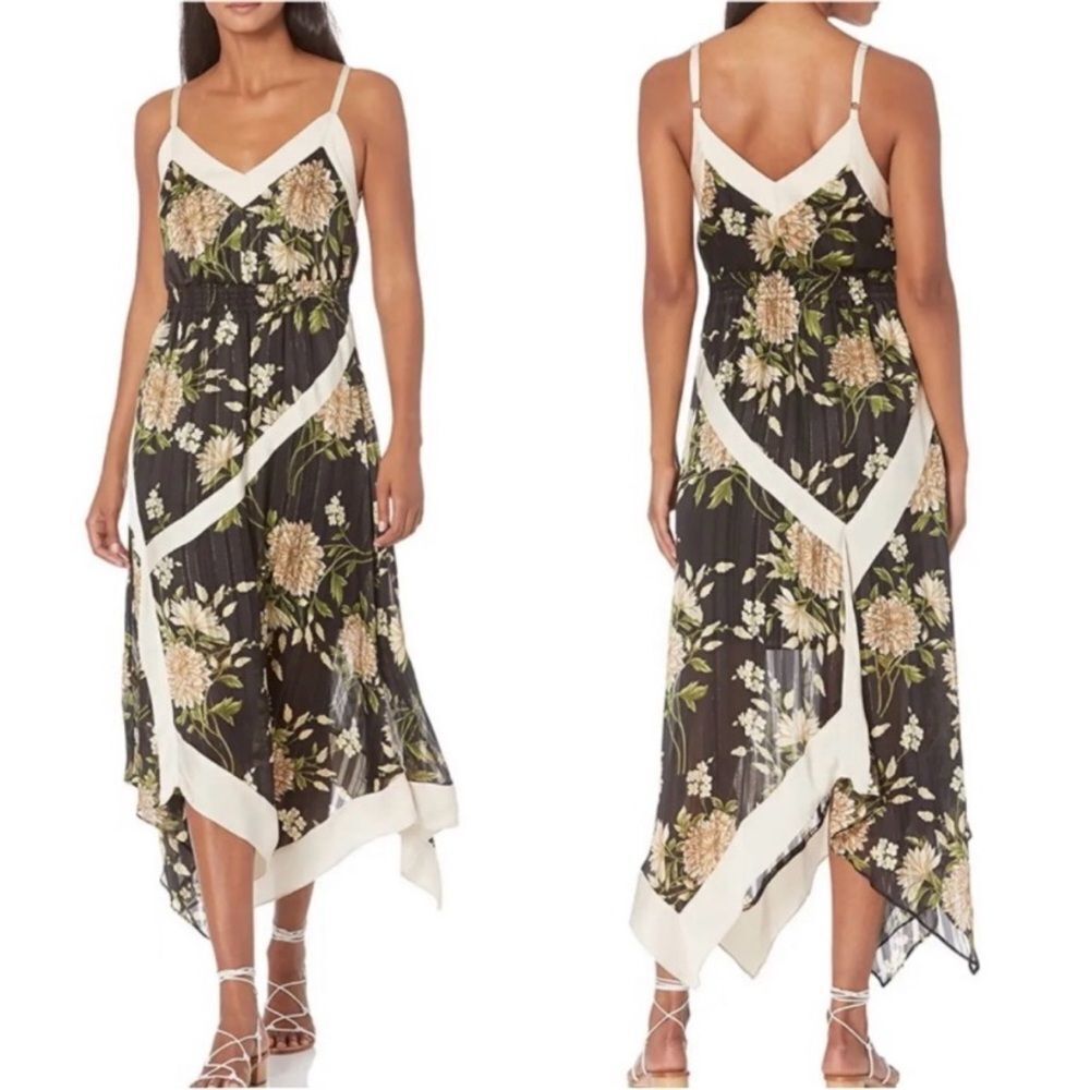 BCBGMaxAzria Floral Asymmetrical Dress in Black and Cream, US4